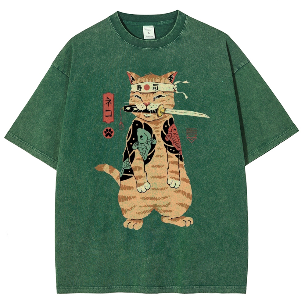 Unisex Sushi Cat Printed Washed Tee