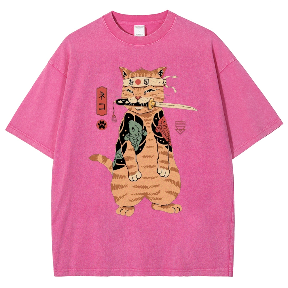 Unisex Sushi Cat Printed Washed Tee