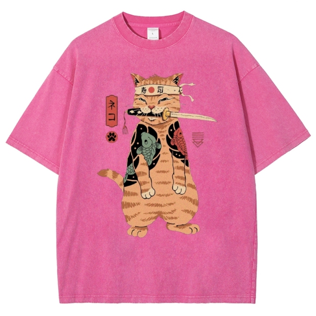 Unisex Sushi Cat Printed Washed Tee