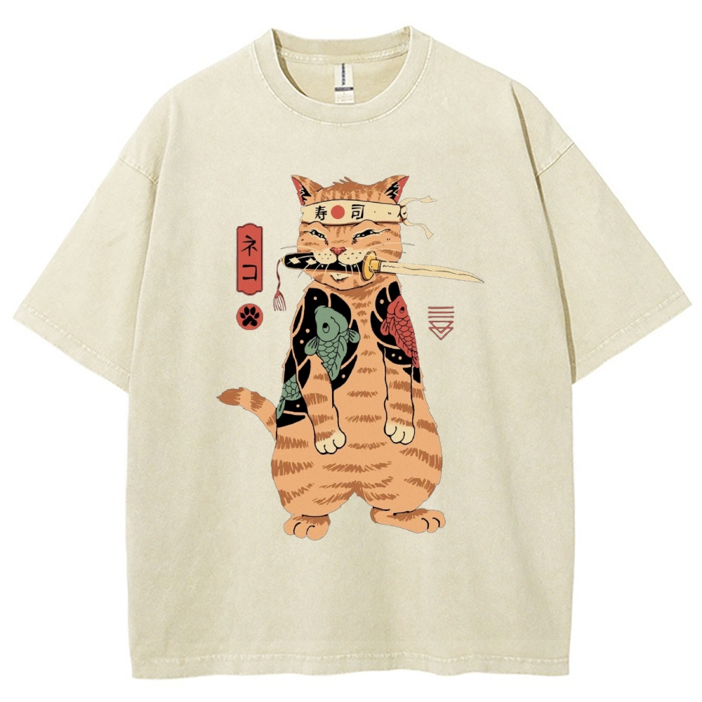 Unisex Sushi Cat Printed Washed Tee