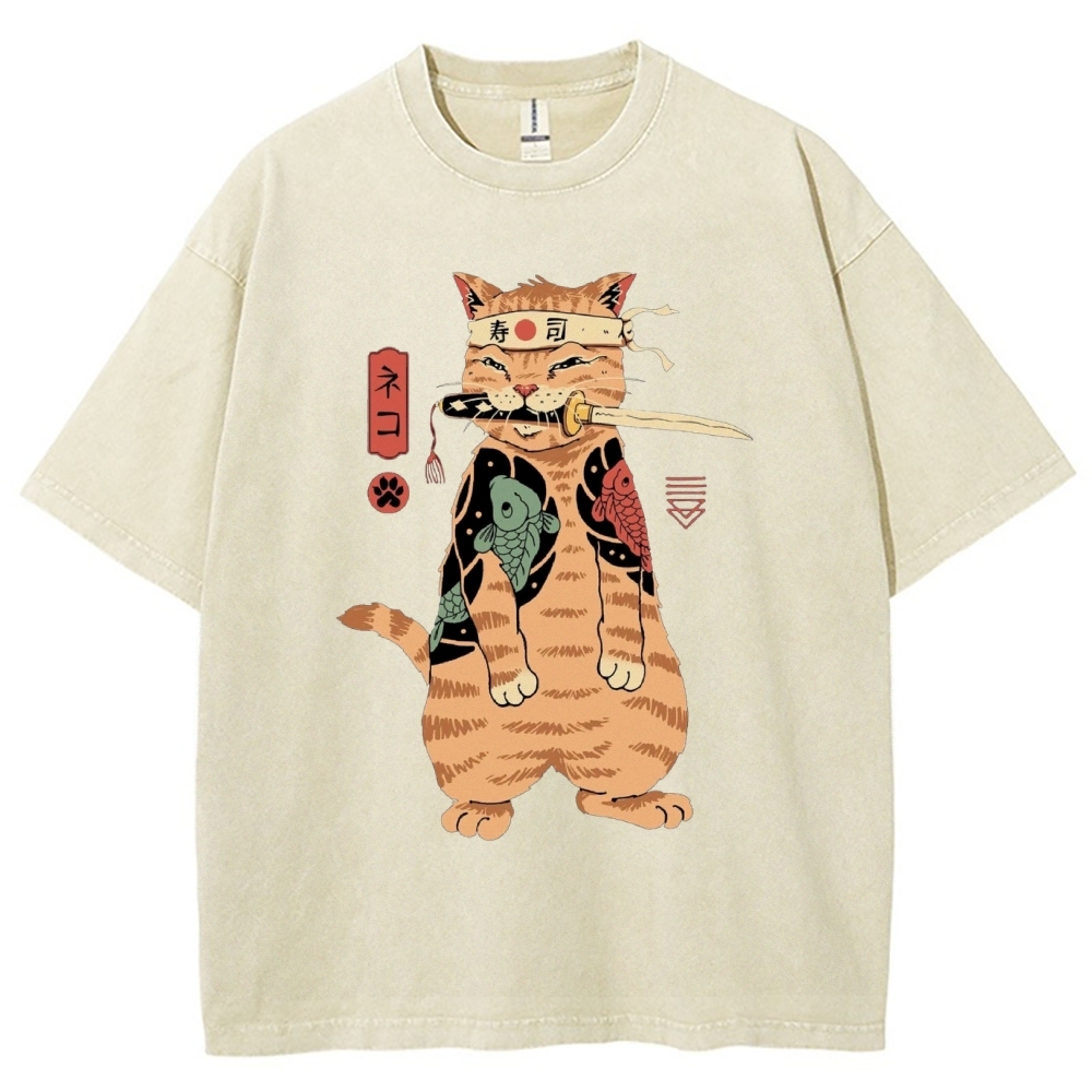 Unisex Sushi Cat Printed Washed Tee
