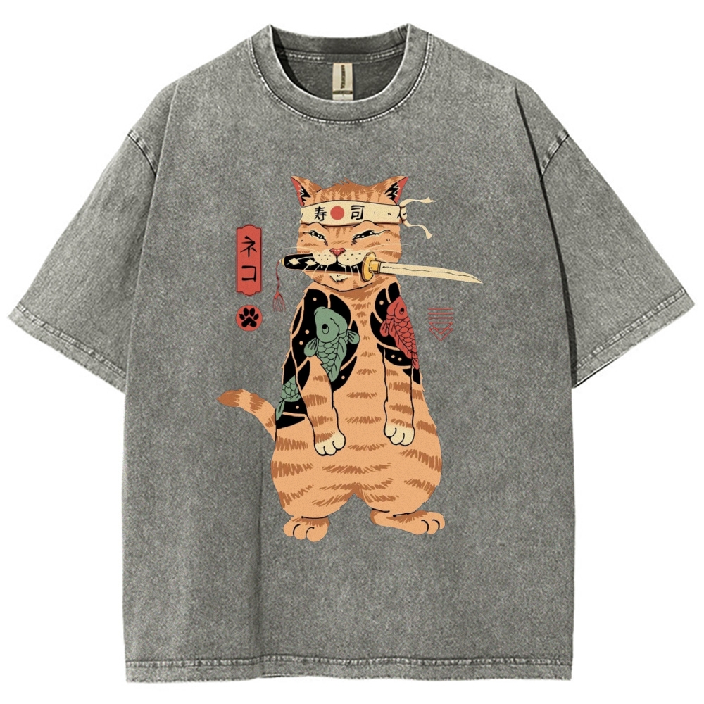 Unisex Sushi Cat Printed Washed Tee