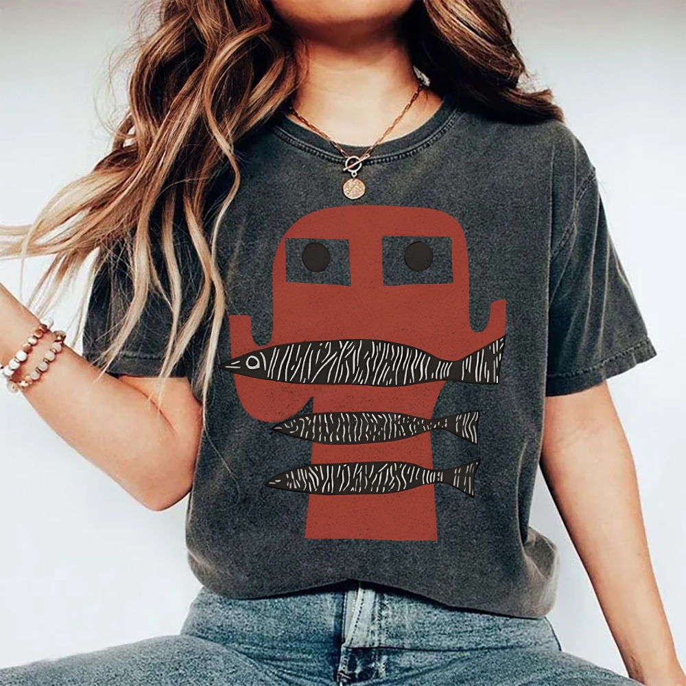 Unisex Fish Printed Washed Tee