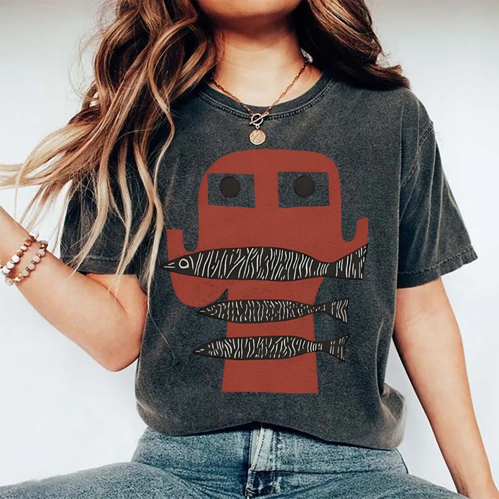 Unisex Fish Printed Washed Tee