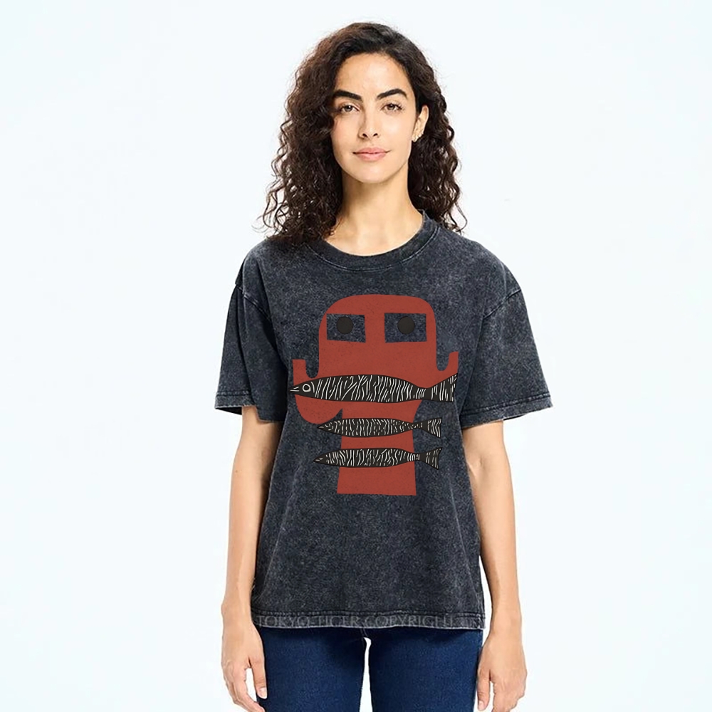 Unisex Fish Printed Washed Tee