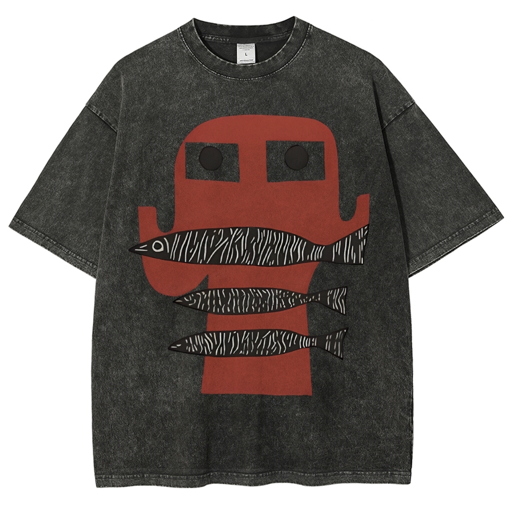 Unisex Fish Printed Washed Tee