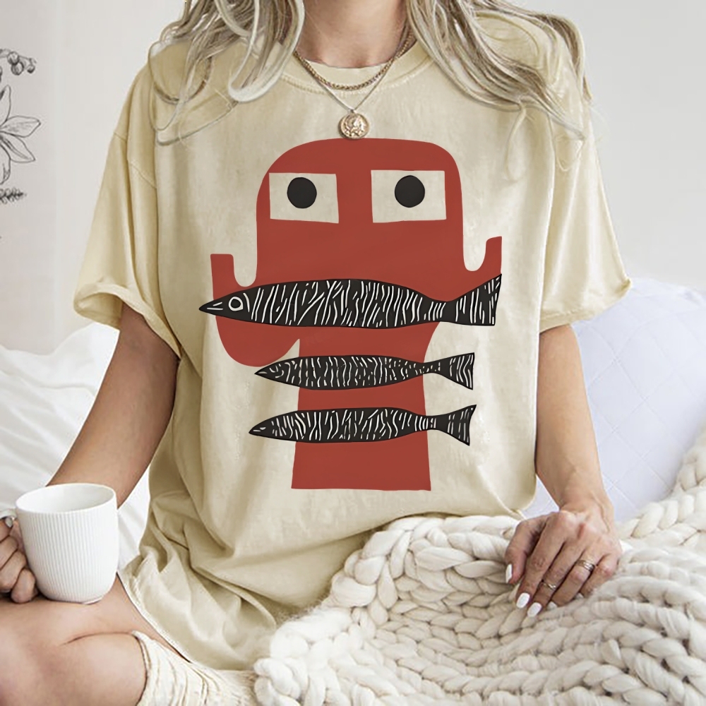 Unisex Fish Printed Washed Tee