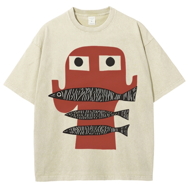 Unisex Fish Printed Washed Tee