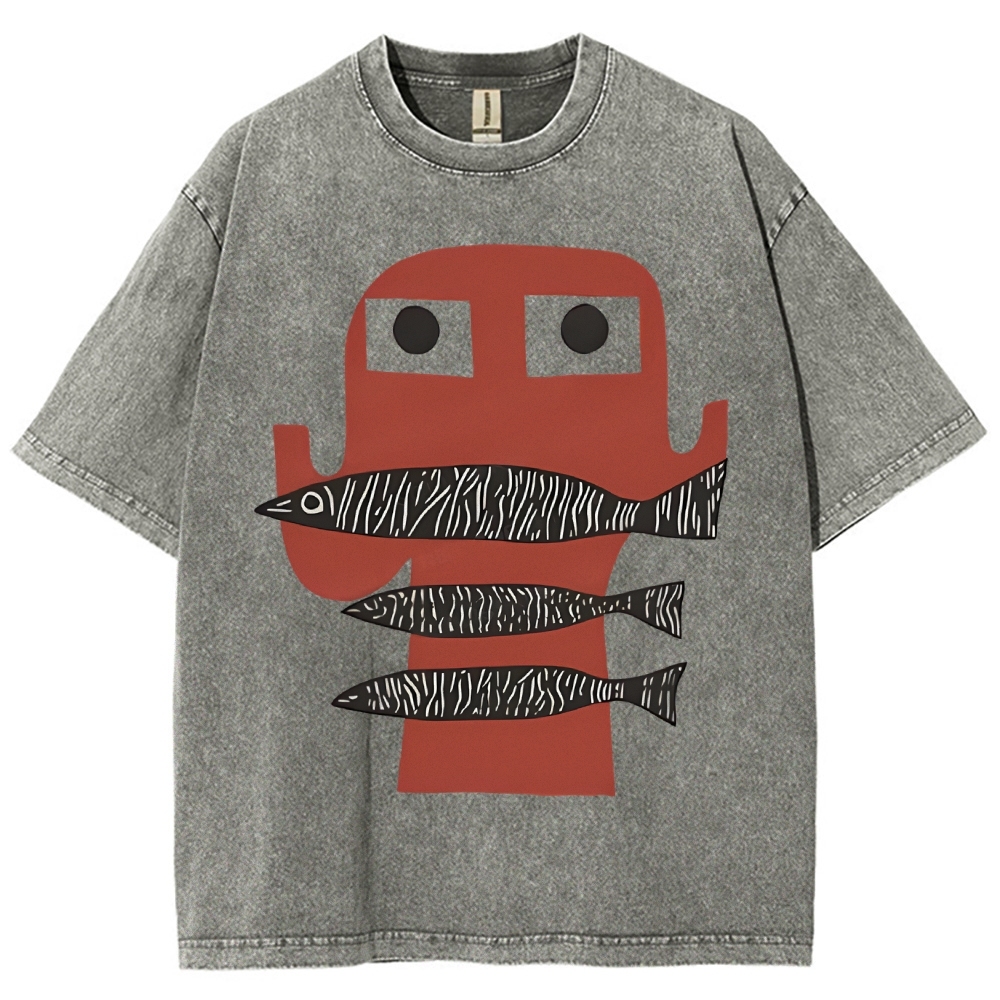 Unisex Fish Printed Washed Tee
