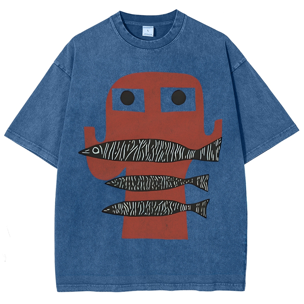 Unisex Fish Printed Washed Tee