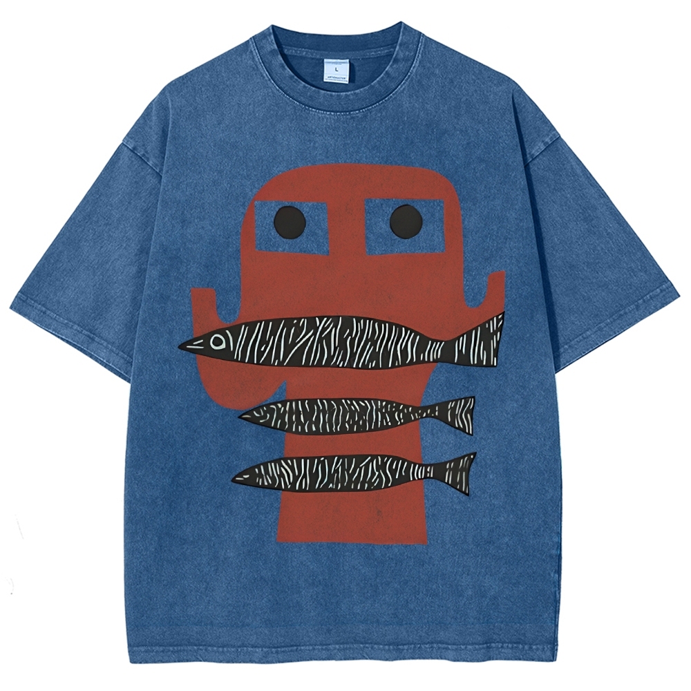 Unisex Fish Printed Washed Tee