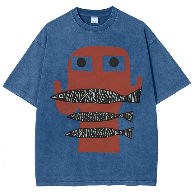 Unisex Fish Printed Washed Tee