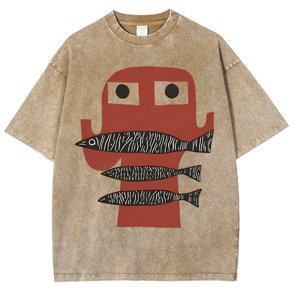 Unisex Fish Printed Washed Tee
