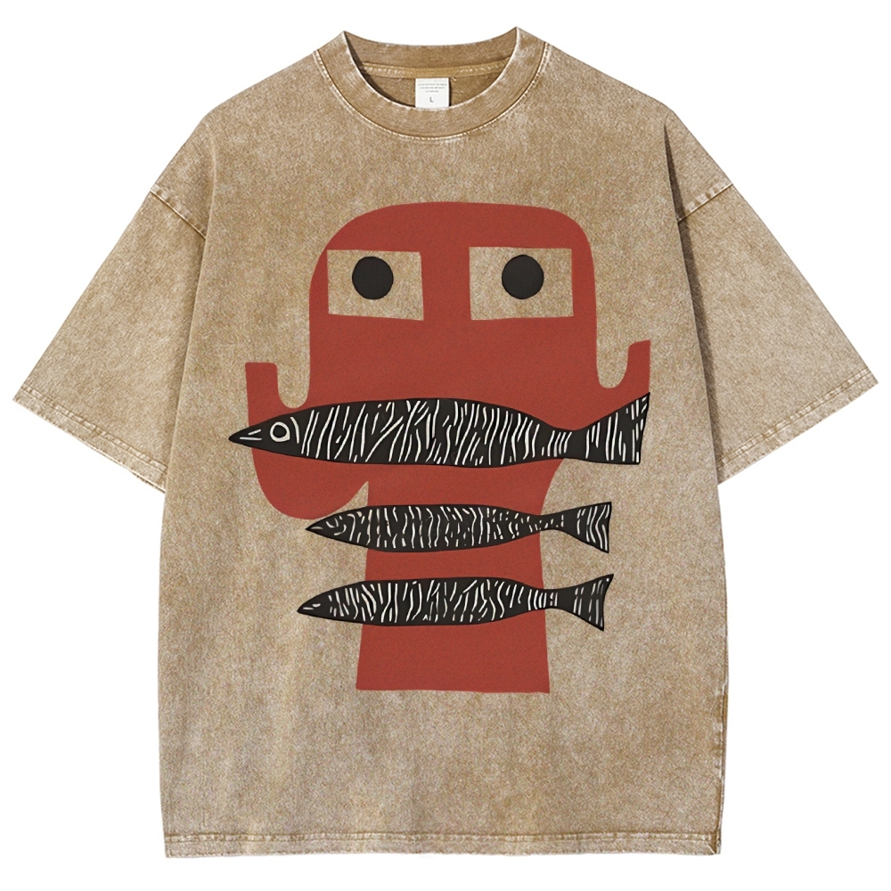 Unisex Fish Printed Washed Tee