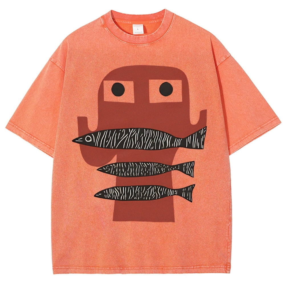 Unisex Fish Printed Washed Tee