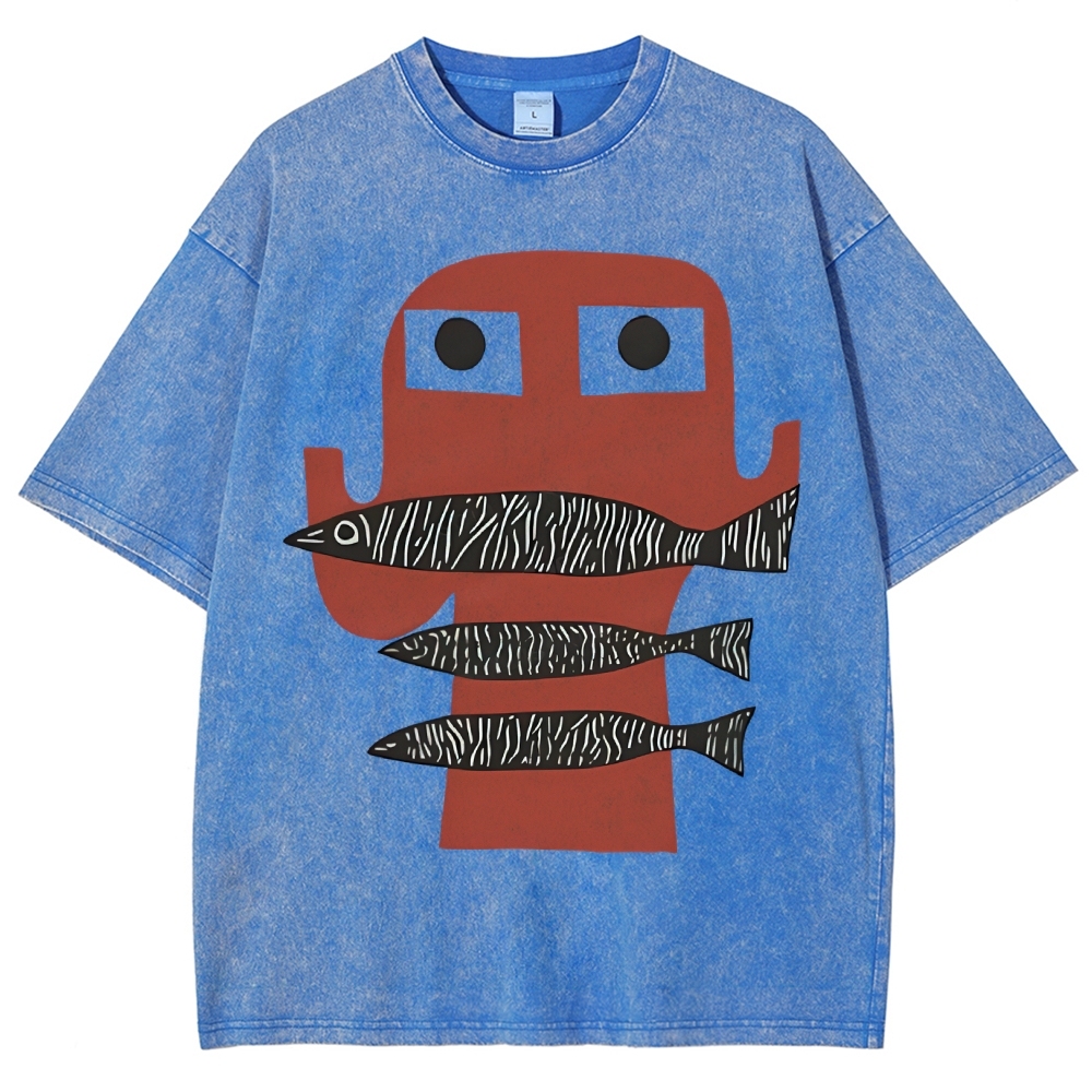 Unisex Fish Printed Washed Tee