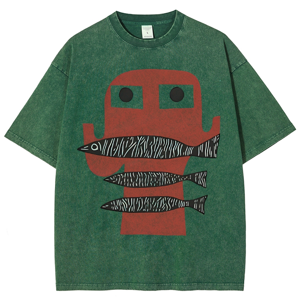 Unisex Fish Printed Washed Tee