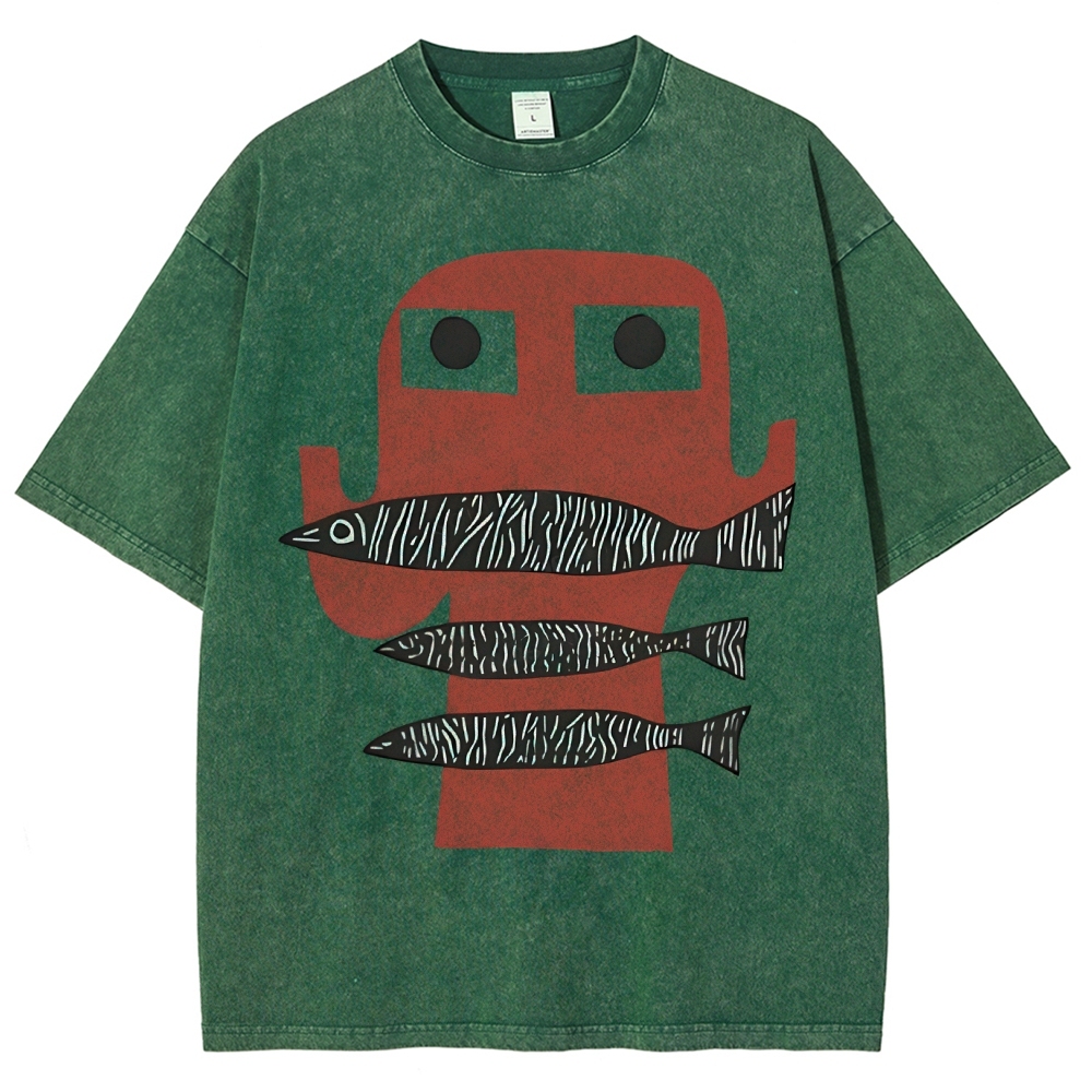 Unisex Fish Printed Washed Tee