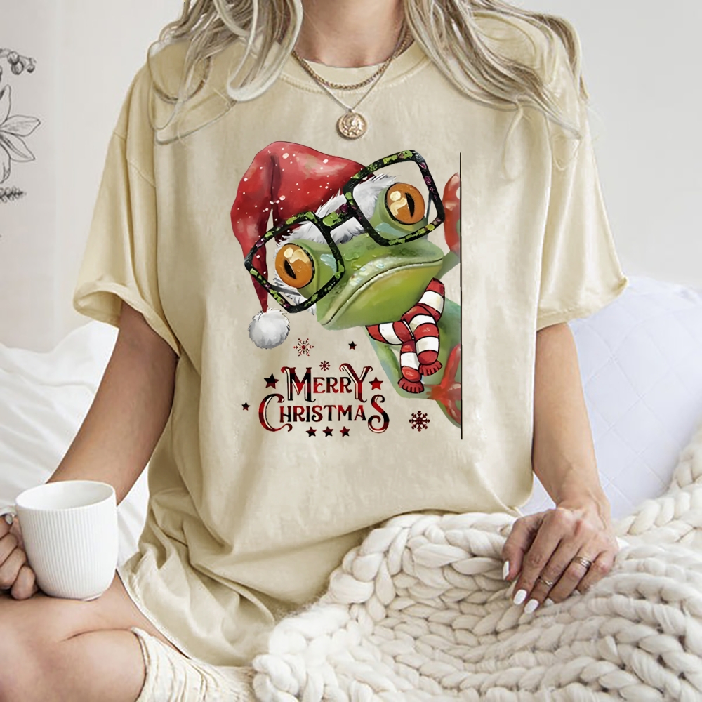 Unisex Christmas Frog Printed Washed Tee