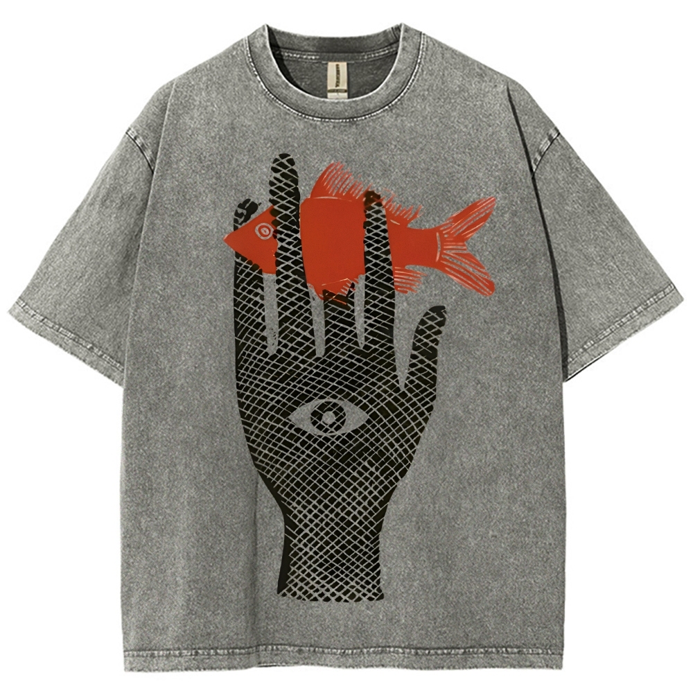 Unisex Artistic Eyes Hand Fish Printed Washed Tee