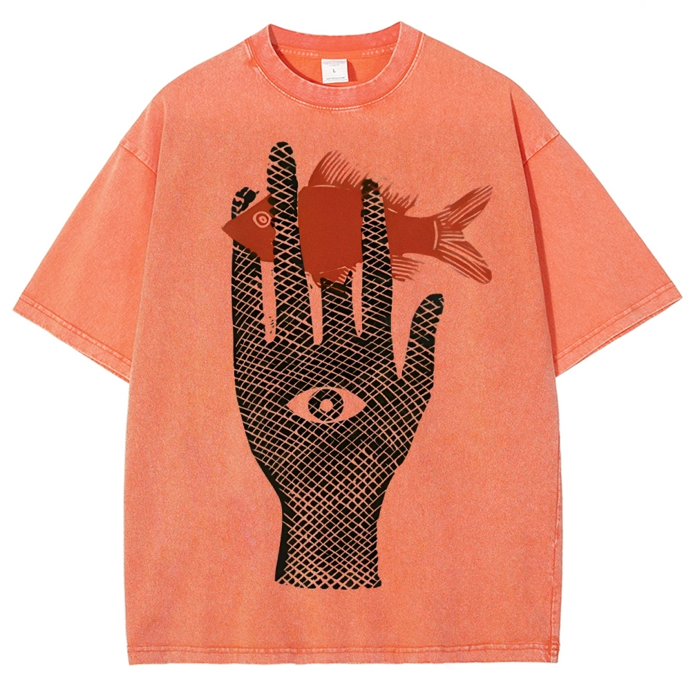 Unisex Artistic Eyes Hand Fish Printed Washed Tee