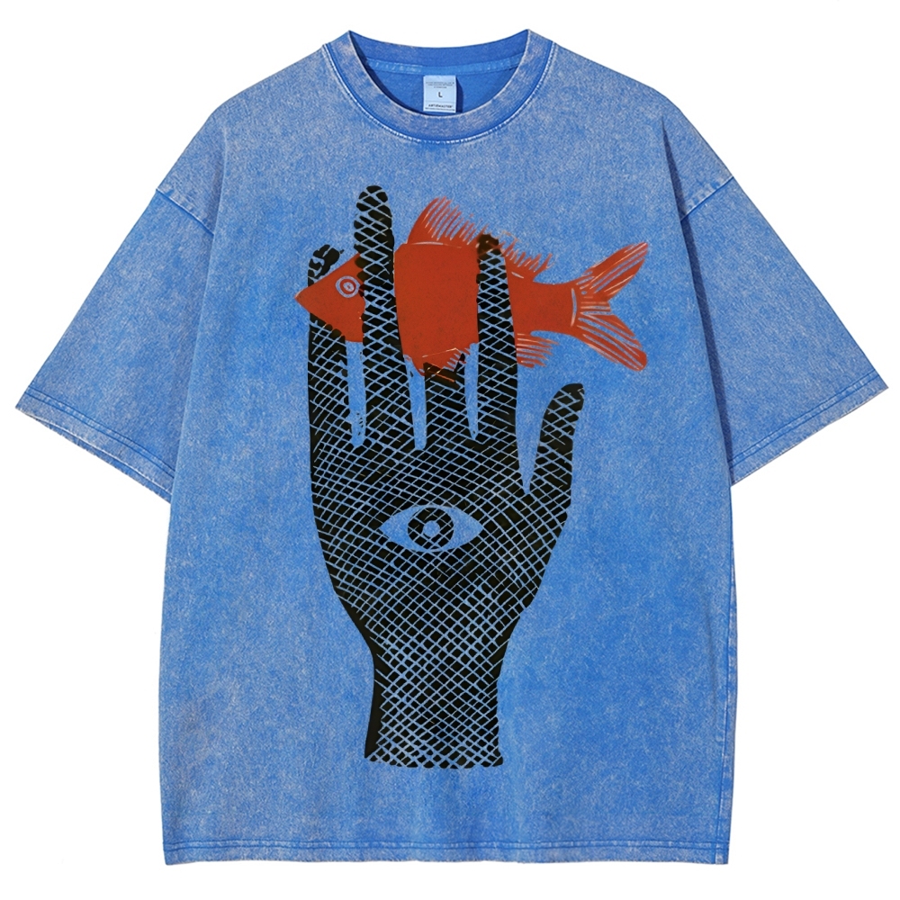Unisex Artistic Eyes Hand Fish Printed Washed Tee
