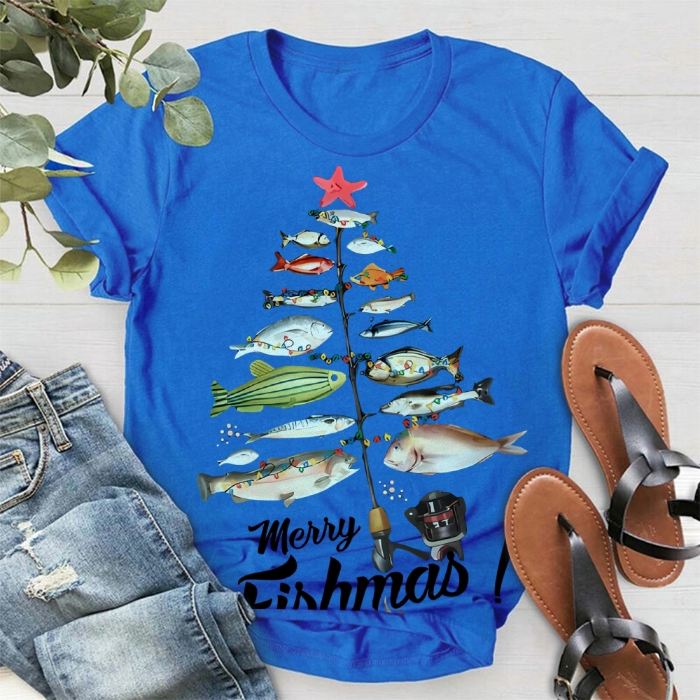 Women's Cotton Merry Fishmas Printed Casual T-Shirt