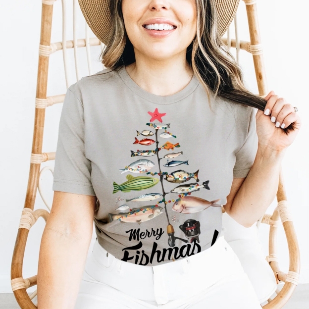 Women's Cotton Merry Fishmas Printed Casual T-Shirt
