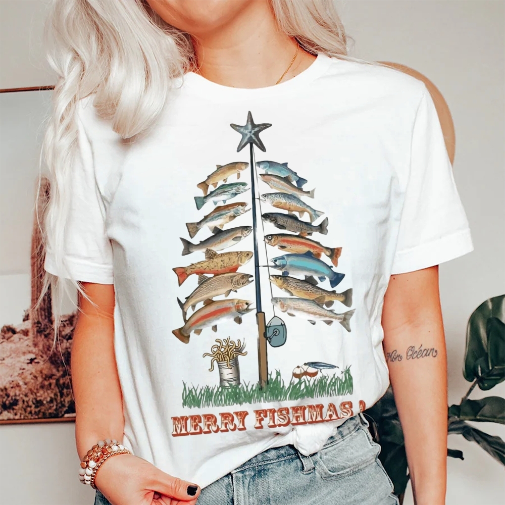 Women's Cotton Merry Fishmas Printed Casual T-Shirt
