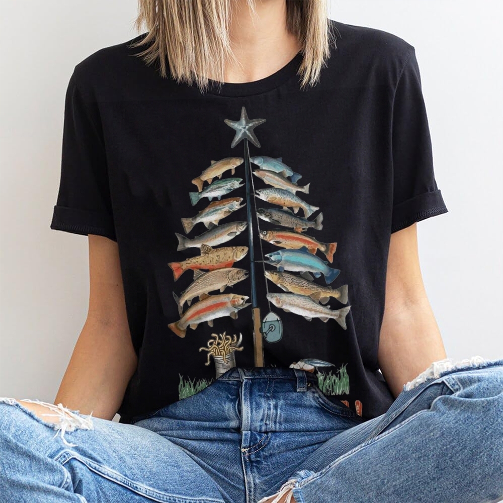 Women's Cotton Merry Fishmas Printed Casual T-Shirt