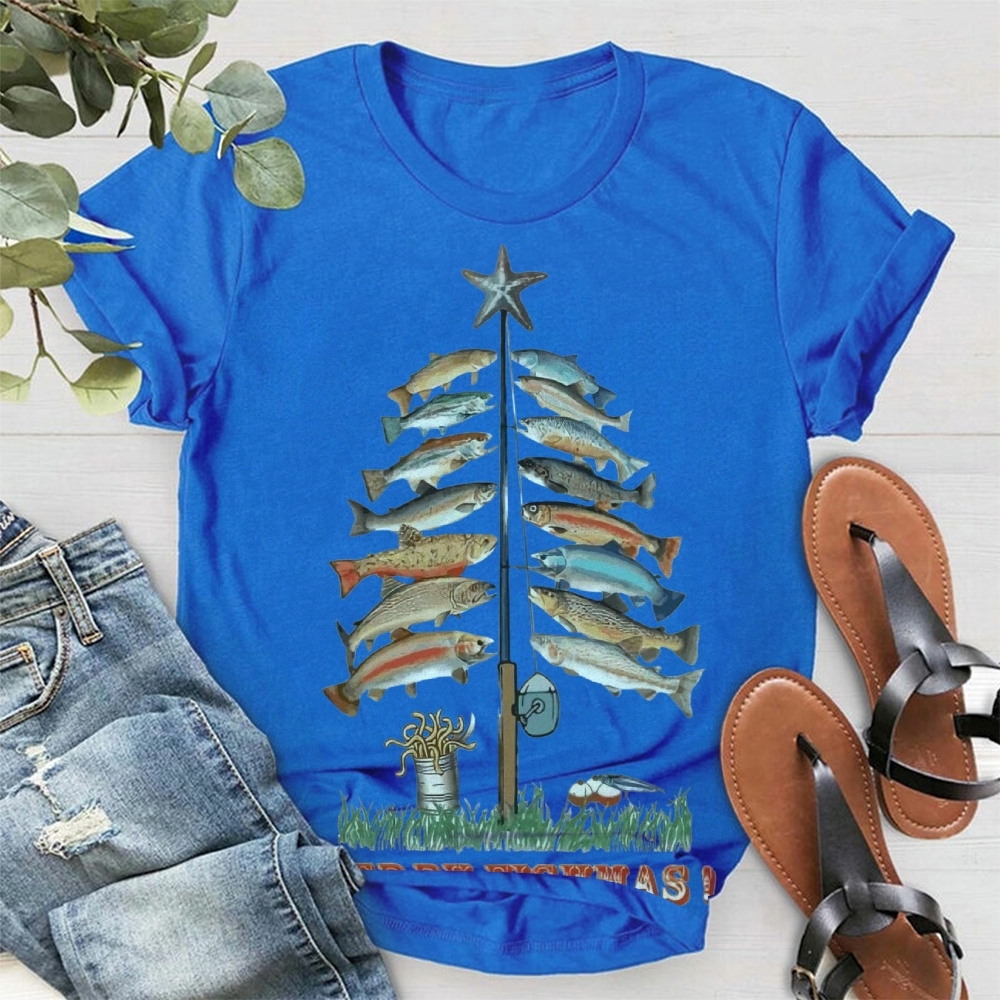 Women's Cotton Merry Fishmas Printed Casual T-Shirt