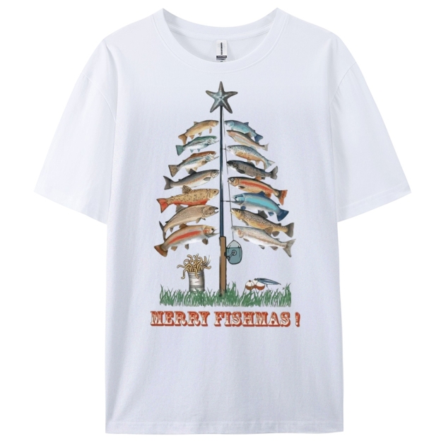 Women's Cotton Merry Fishmas Printed Casual T-Shirt