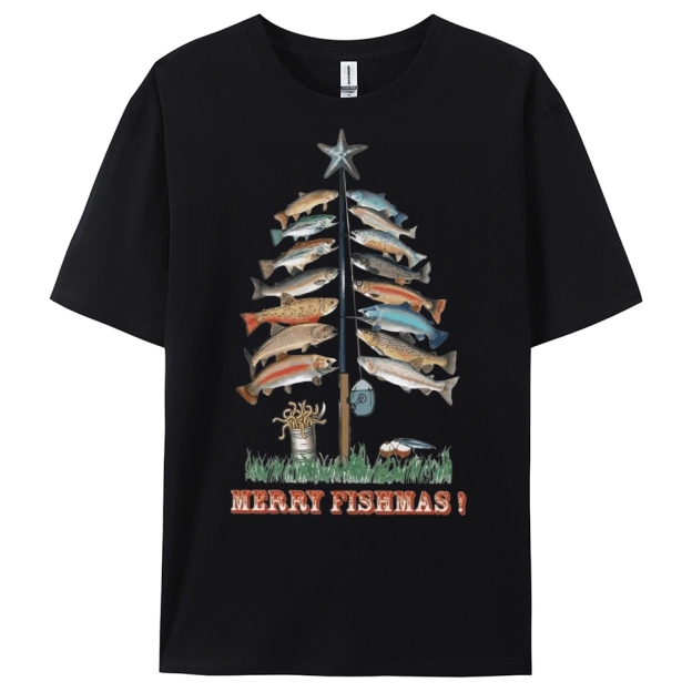 Women's Cotton Merry Fishmas Printed Casual T-Shirt
