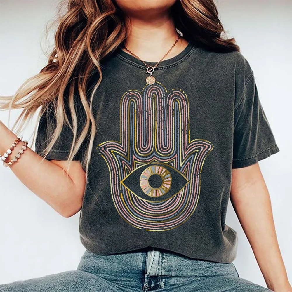 Unisex Geometric Hand Eyes Printed Washed Tee