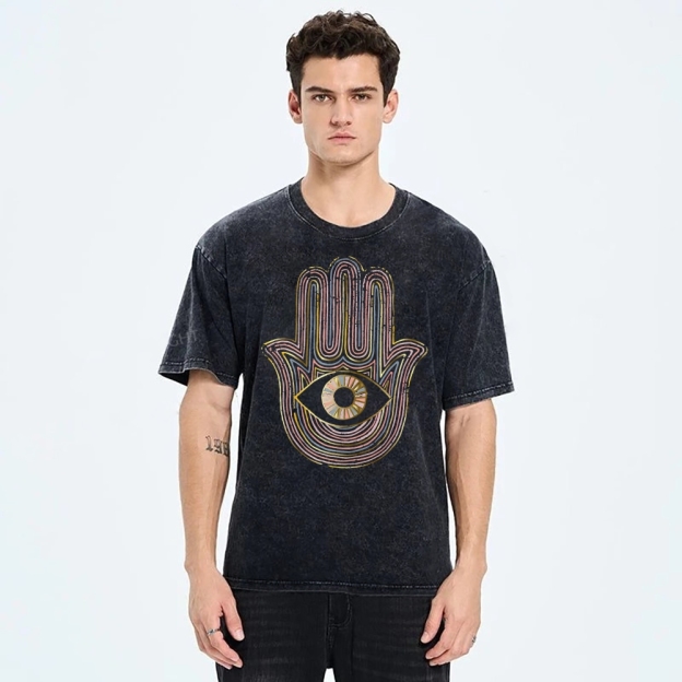 Unisex Geometric Hand Eyes Printed Washed Tee