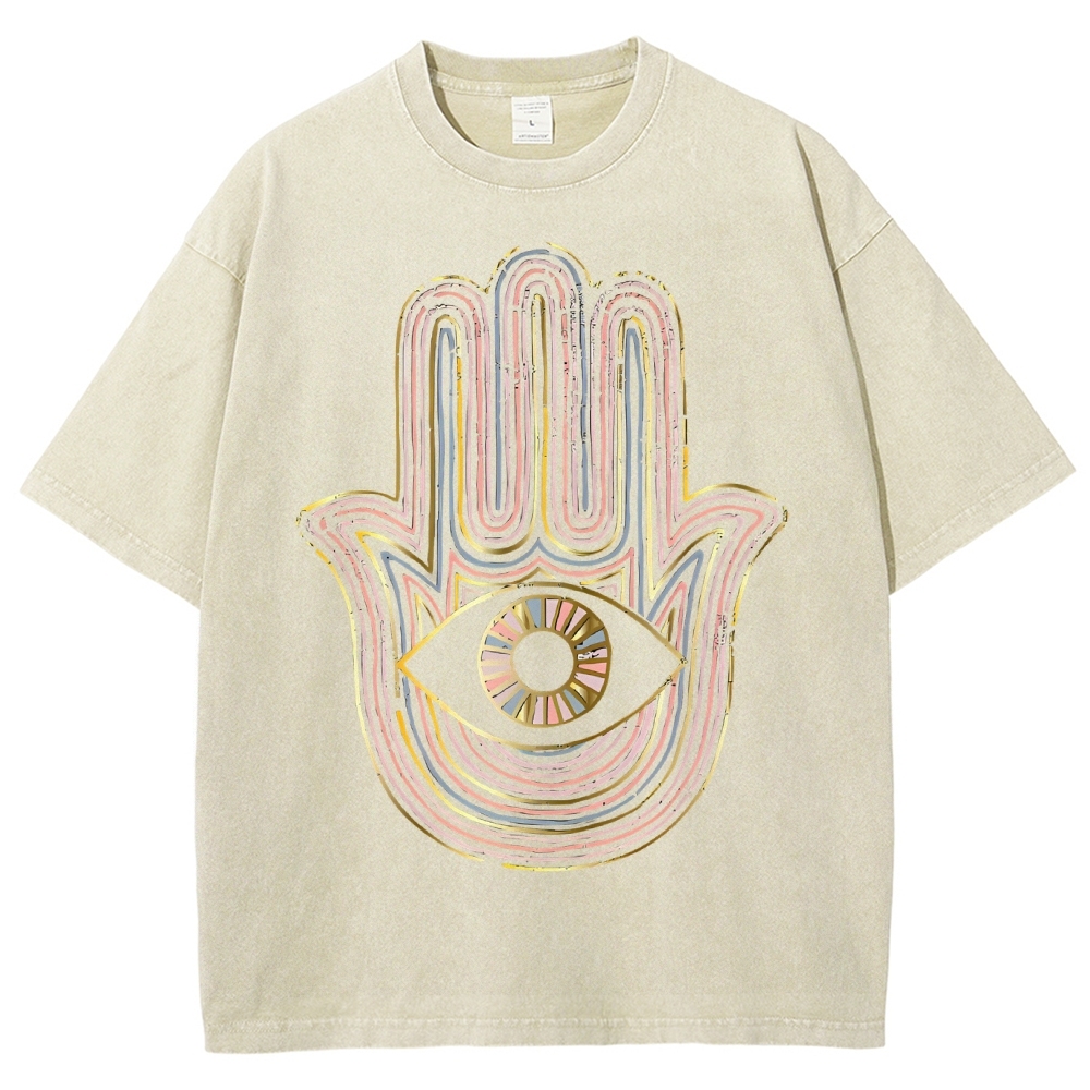 Unisex Geometric Hand Eyes Printed Washed Tee