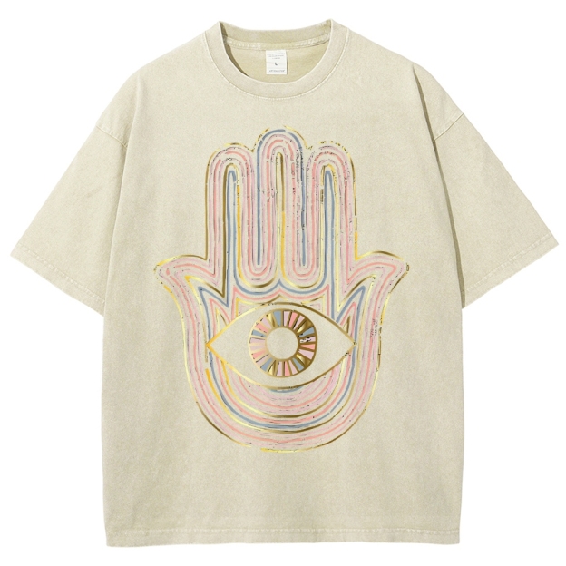 Unisex Geometric Hand Eyes Printed Washed Tee