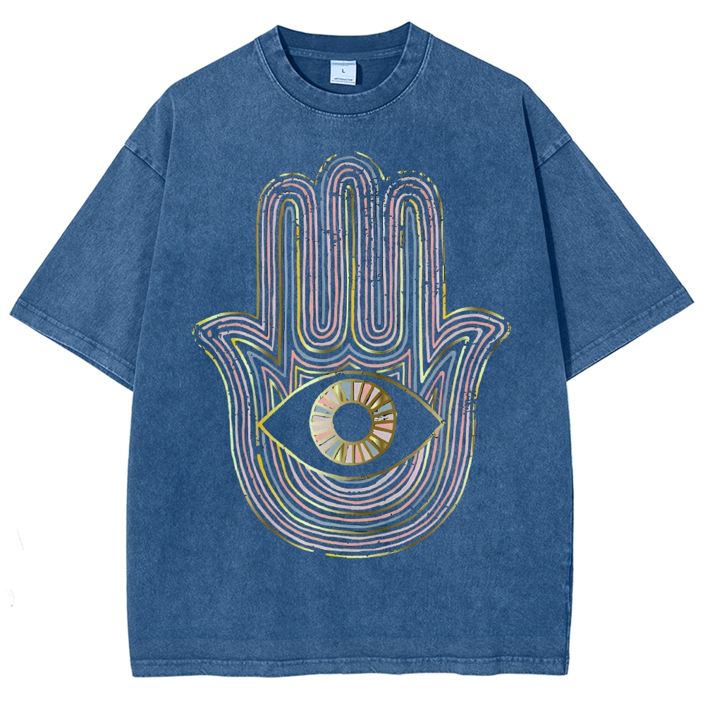 Unisex Geometric Hand Eyes Printed Washed Tee