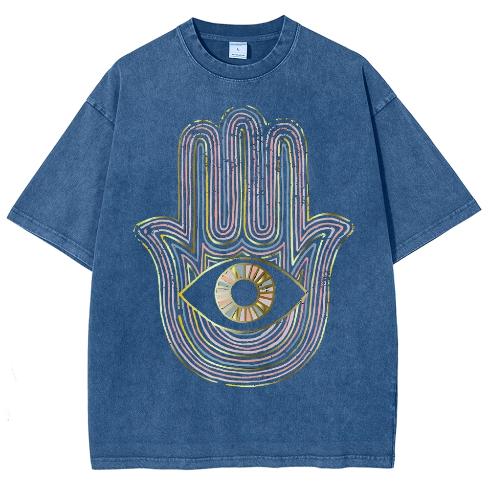 Unisex Geometric Hand Eyes Printed Washed Tee