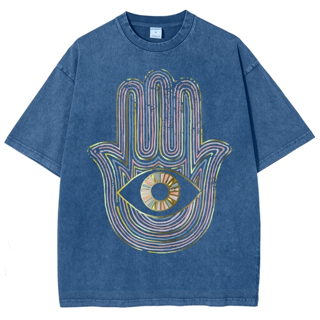 Unisex Geometric Hand Eyes Printed Washed Tee
