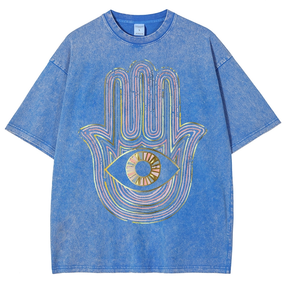 Unisex Geometric Hand Eyes Printed Washed Tee