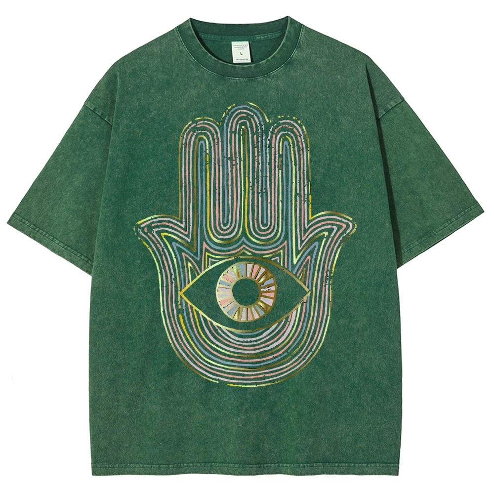 Unisex Geometric Hand Eyes Printed Washed Tee