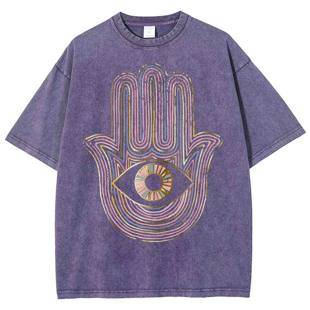 Unisex Geometric Hand Eyes Printed Washed Tee