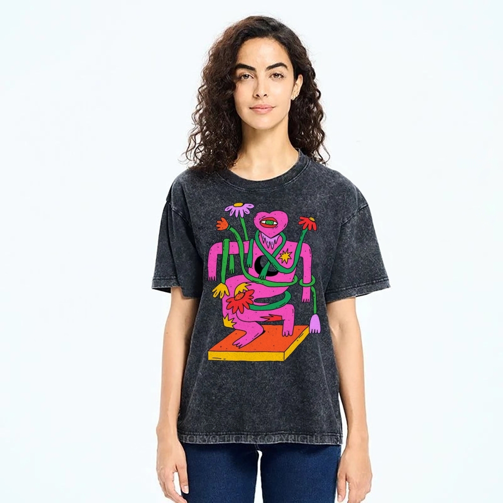 Unisex Abstract Art Flower Portrait Printed Washed Tee