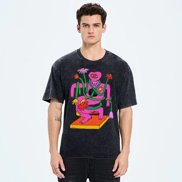 Unisex Abstract Art Flower Portrait Printed Washed Tee
