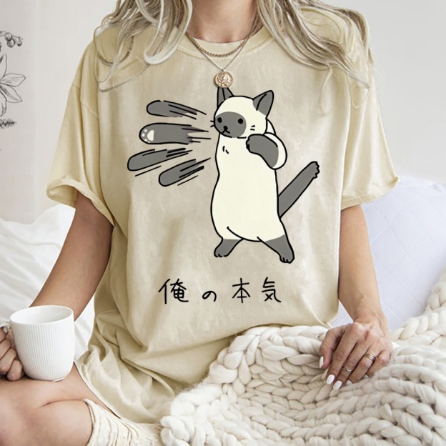 Unisex Cat Printed Washed Tee