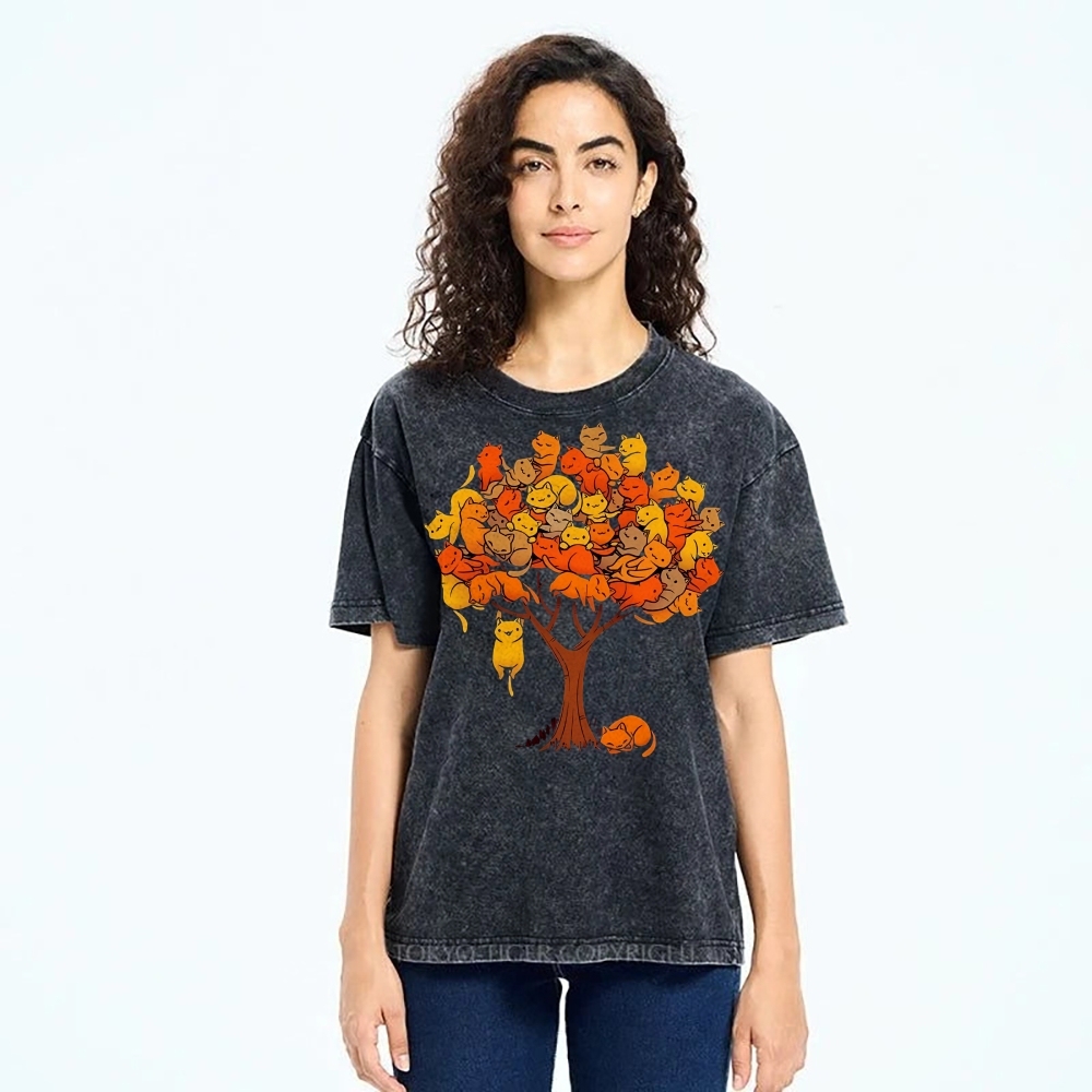 Unisex Cat Tree Printed Washed Tee