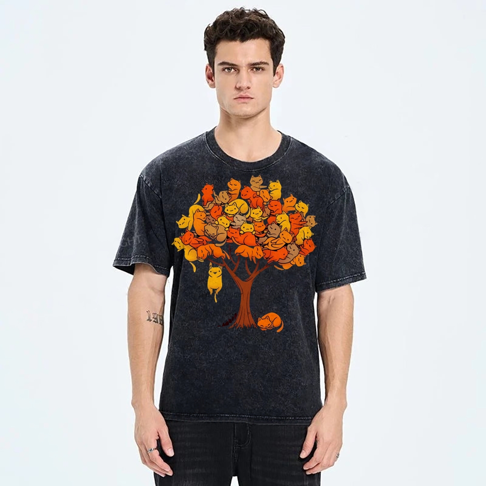 Unisex Cat Tree Printed Washed Tee