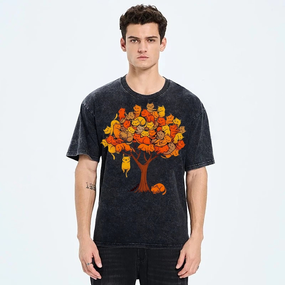 Unisex Cat Tree Printed Washed Tee