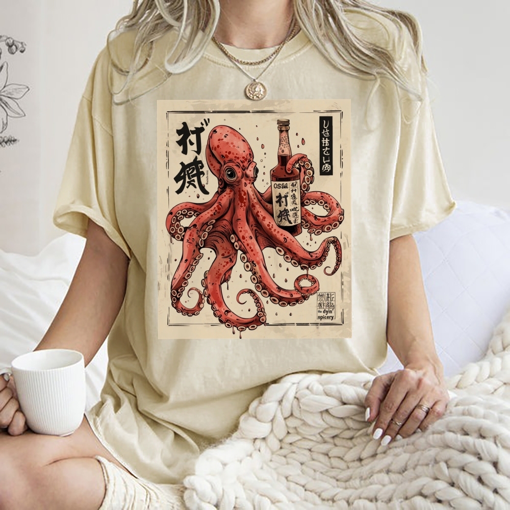 Unisex Octopus Printed Washed Tee